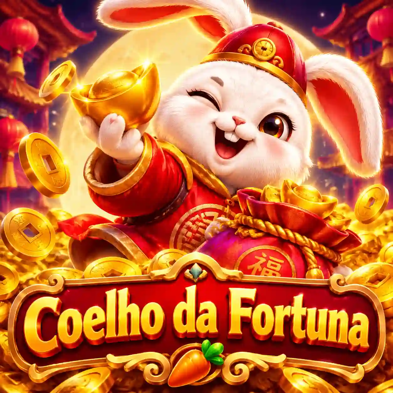 Coelho da sorte do slot Fortune Rabbit em cenário asiático